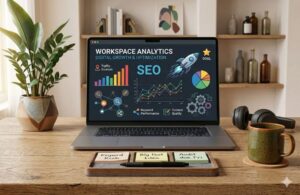 Laptop on a wooden desk displaying workspace analytics and SEO charts, with coffee, headphones, plant, and sticky notes — concept image for an AI SEO company.
