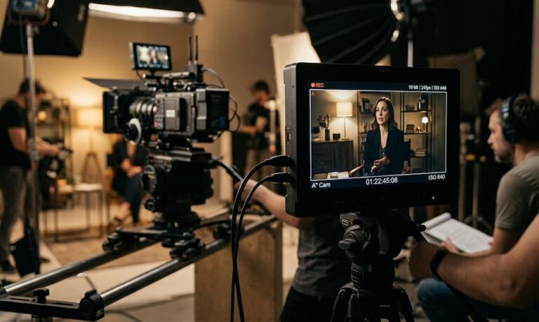 A professional film set featuring a camera monitor in the foreground showing a woman being interviewed