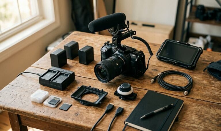 A professional camera rig with a shotgun microphone, external monitor, batteries, memory cards, and cables