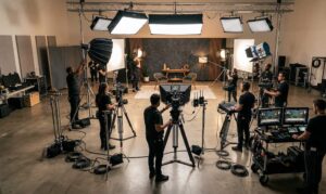 A wide shot of a professional film production crew on a studio set