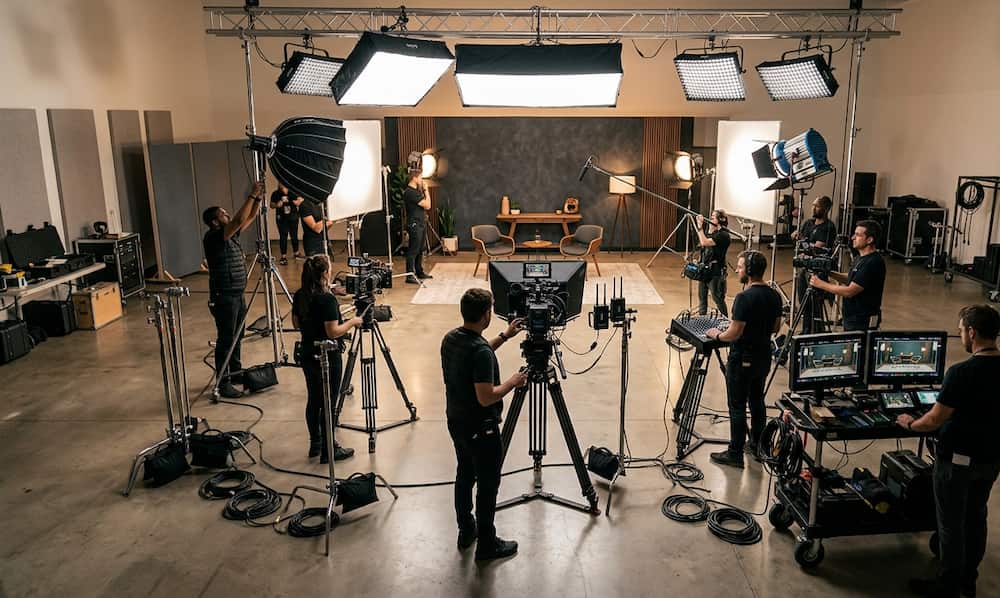 A wide shot of a professional film production crew on a studio set